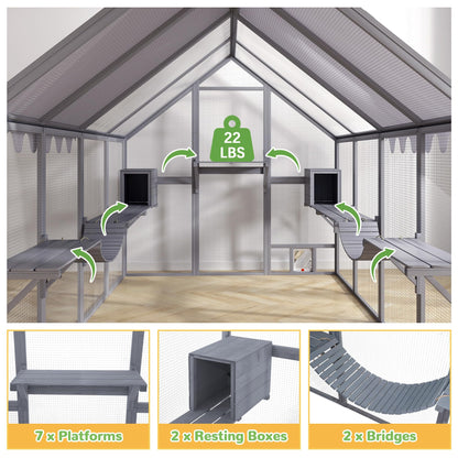 Catio Outdoor Cat Enclosure Extra Large, All-Covered Roof, 53.42ft² XLarge Outside Catios for Multiple Cats Outdoor Patio, Big Walk-In Entrance, Adjustable Small Doors, Wood, 110"L x 71"W x 74"H, Grey