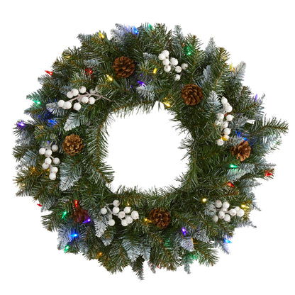 Nearly Natural 24in. Snow Tipped Artificial Christmas Wreath with 50 Multicolored LED Lights, White Berries and Pine Cones