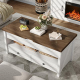 ONBRILL Farmhouse Lift Top Coffee Table with 2 Storage Drawers, Rustic Center Table with Large Hidden Storage Compartment,Storage Coffee Table Converts to Dining Table for Living Room, Brown and White ONBRILL