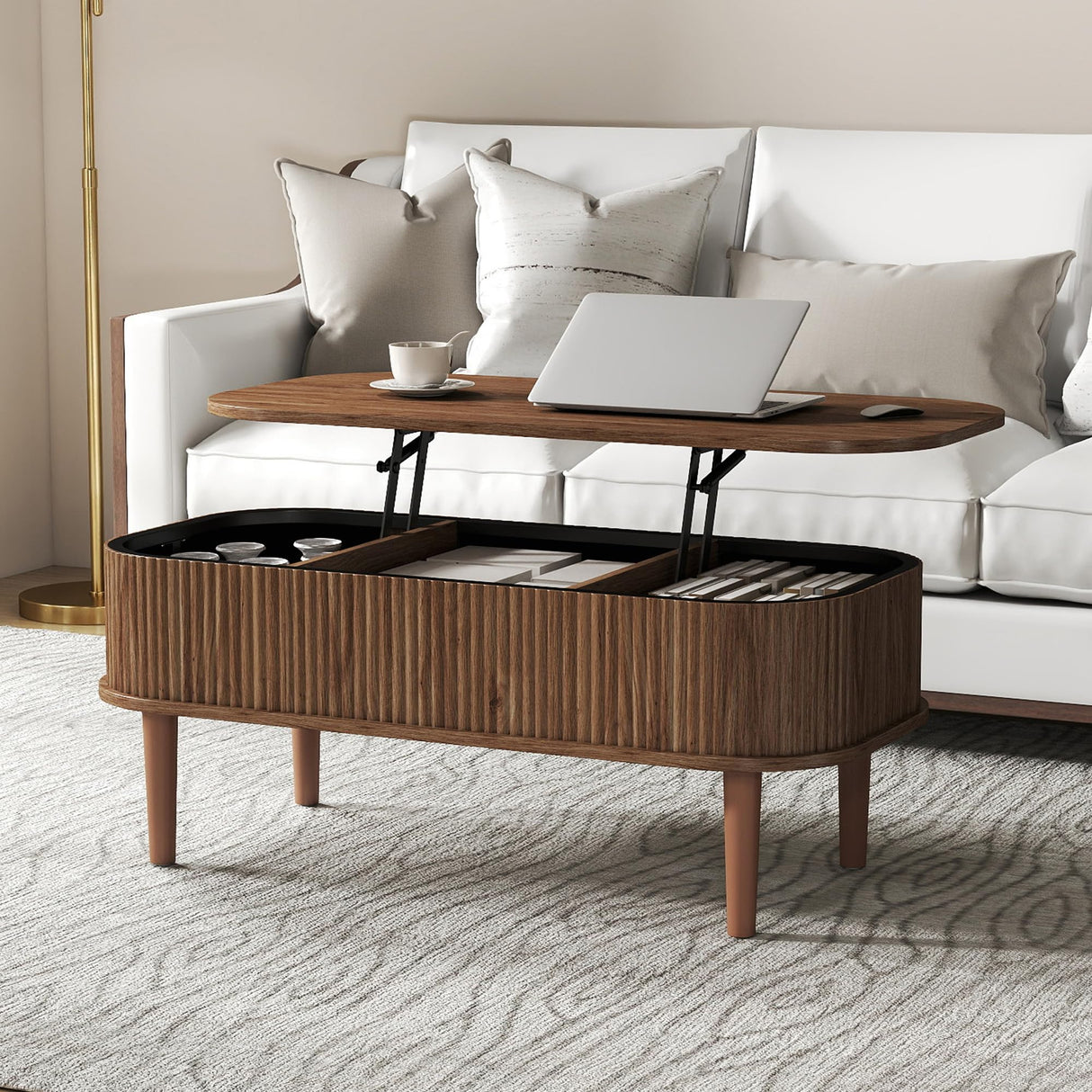 Fluted Lift Top Coffee Table with Hidden Storage, Oval Coffee Table with Lifting Top, Mid Century Modern Design for Living Room, Office & Small Spaces(Walnut) Cuzobro