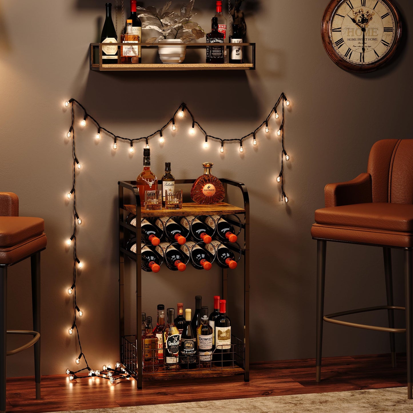 3-Tier Wine Bar Table: Small Liquor Bottle Holder with 8-Bottle Wine Rack Mini Wine Bar Cabinet Corner Whiskey Display Shelf Floor Liquor Storage Bar for Home Living Room