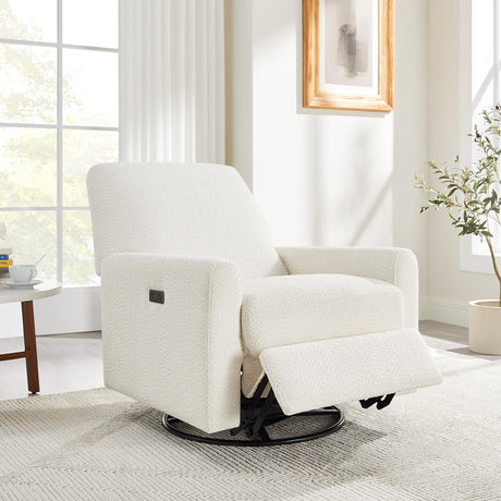 VANOMi Power Swivel Glider Recliner Chair, Electric Nursery Rocker Recliner Chair, USB & Type-C Charger, Boucle White VANOMi