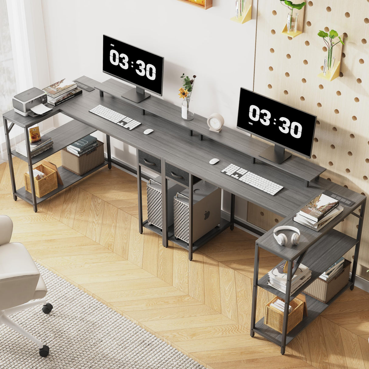 Eivanet 47 Inch L Shaped Desk Gaming Desk with LED Strip & Power Outlet, Reversible L-Shaped Computer Desk with Storage Shelf & Drawer, Corner Desk with Hook & Monitor Stands, Home Office Desk Eivanet