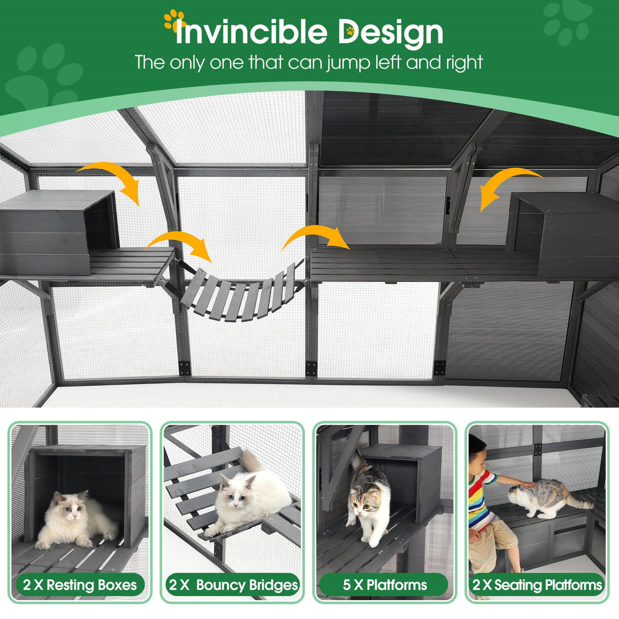 Luxury Cat Cage Outdoor Wooden Catio Enclosure Patio Large Cat Run House for Multiple Pets Walk-in Kitten Kennel with Bouncy Bridge, Platforms, Small Houses, Seating, and Sunshine Panel (Grey) WEALTHGIRL