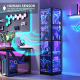 WEQUB Corner Display Cabinet with Glass Doors, 4 Tier Corner Shelf with LED Lights, 68" Display Case for Collectibles, Toys, Books, Curio Storage Cabinet, Black WEQUB