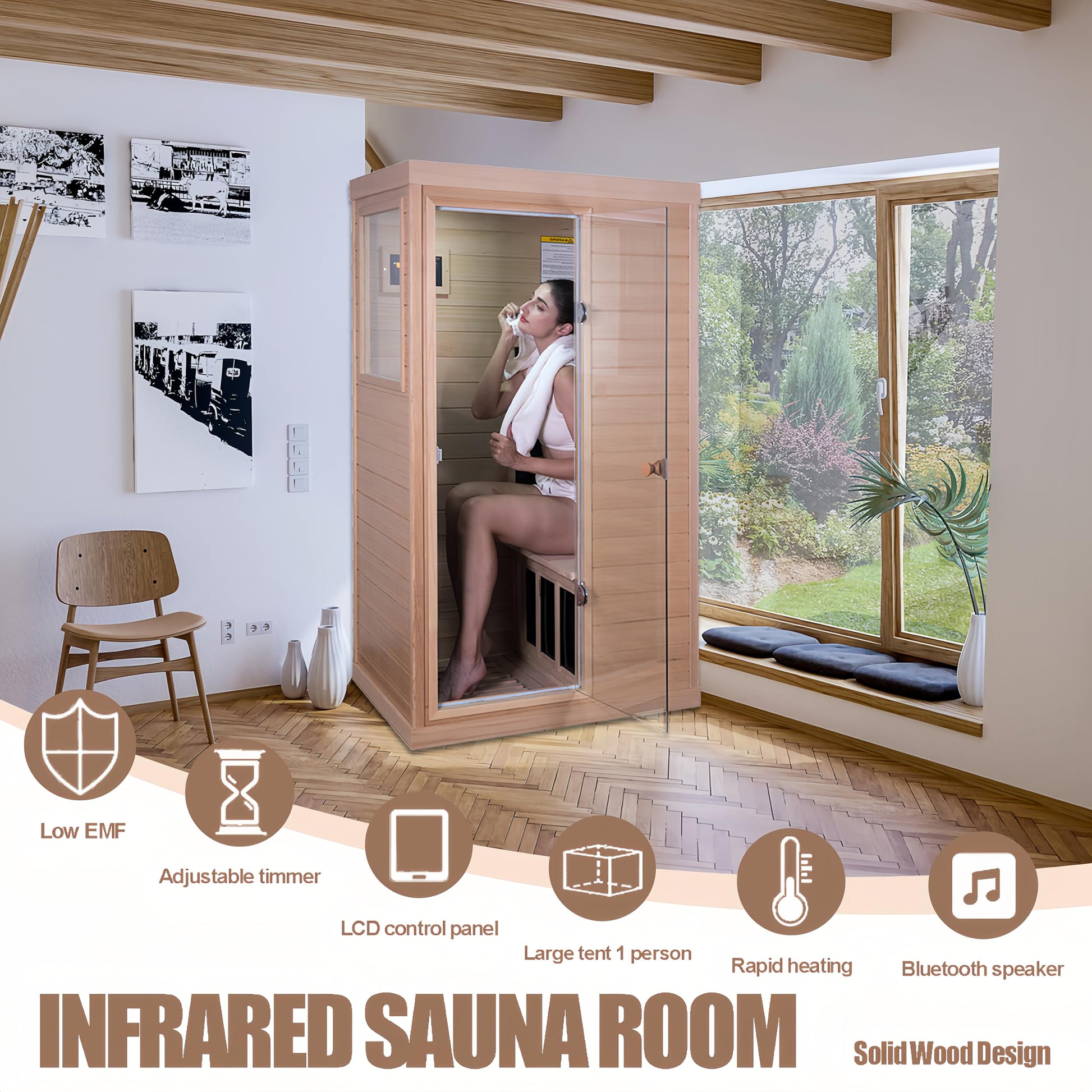 Infrared Sauna, Home Sauna 1 Person, Low EMF Sauna Wood Indoor, Far Infrared Sauna, Canadian Hemlock, 10 Min Warm-up, Left Side, 1050W - WoodArtSupply