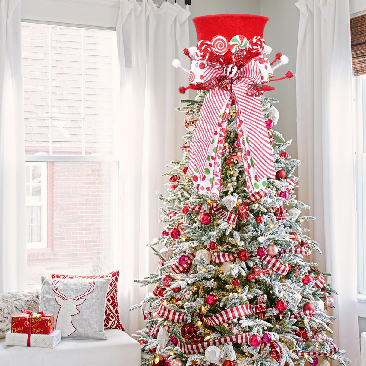 HMASYO Candy Cane Christmas Tree Topper - Large Red Tree Topper Hat with Candy Peppermint Bows Ribbon Ornament, Top Hat Christmas Tree Topper for Home Office Holiday Tree Decoration Xmas Gift HMASYO