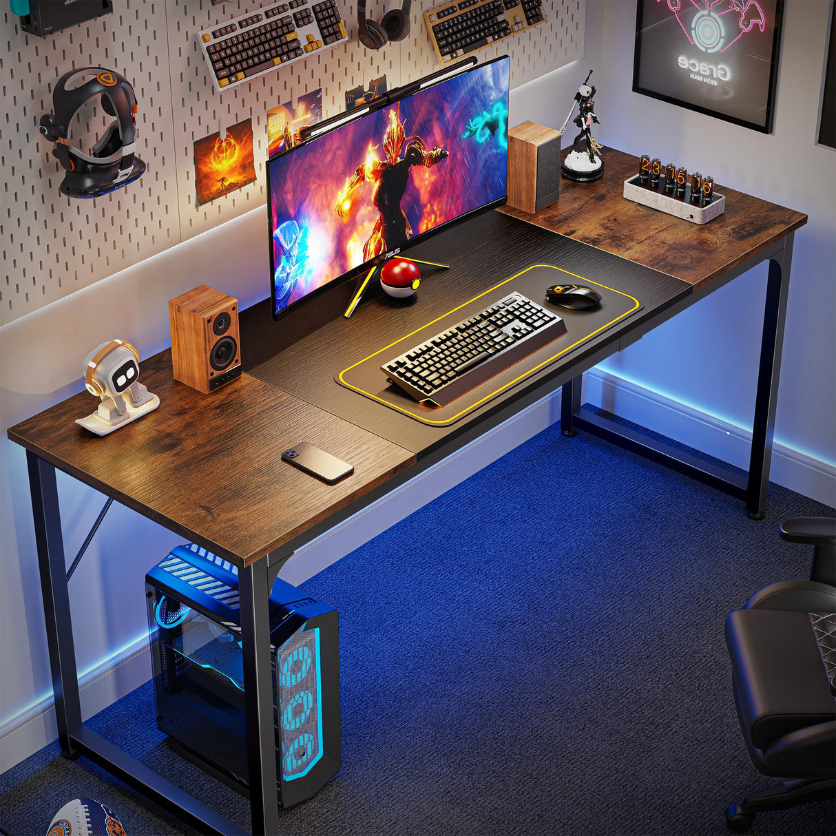 Huuger Computer Desk, 63 Inch Office Desk, Gaming Desk with Storage, Writing Desk Work Desk for Home Office, Study, Modern Simple Desk, Large Legroom, Metal Frame, Rustic Brown and Black Huuger