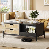 GAOMON Modern Coffee Table, 39.4" Rectangular Coffee Table with Nature Rattan Drawers and Storage Shelves, Funky Center Table with Led Lights, Black Cocktail Table for Living Room Apartment GAOMON