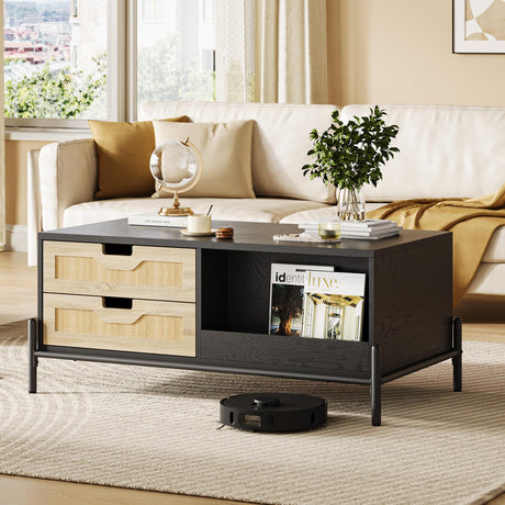 GAOMON Modern Coffee Table, 39.4" Rectangular Coffee Table with Nature Rattan Drawers and Storage Shelves, Funky Center Table with Led Lights, Black Cocktail Table for Living Room Apartment GAOMON