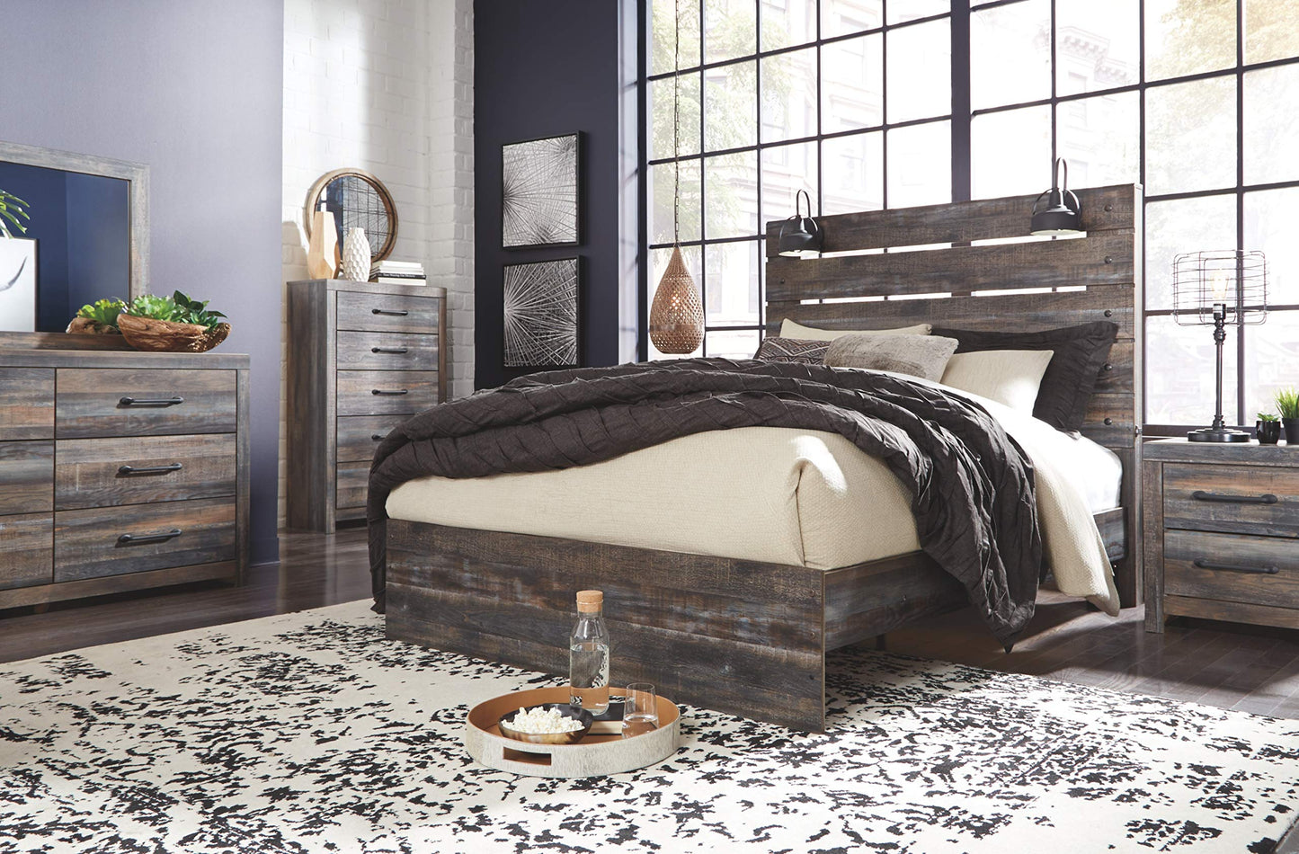 Drystan Queen Rustic Panel Headboard with USB Charging Stations by Signature Design by Ashley, Brown - WoodArtSupply