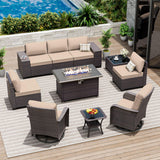 ASJMR 10 Pieces Patio Furniture Set with 2 Swivel Chairs Patio Furniture Outdoor Sectional Sofas with 55000 Gas Fire Pit Patio Conversation Set w/7 Cushions-Brown ASJMR