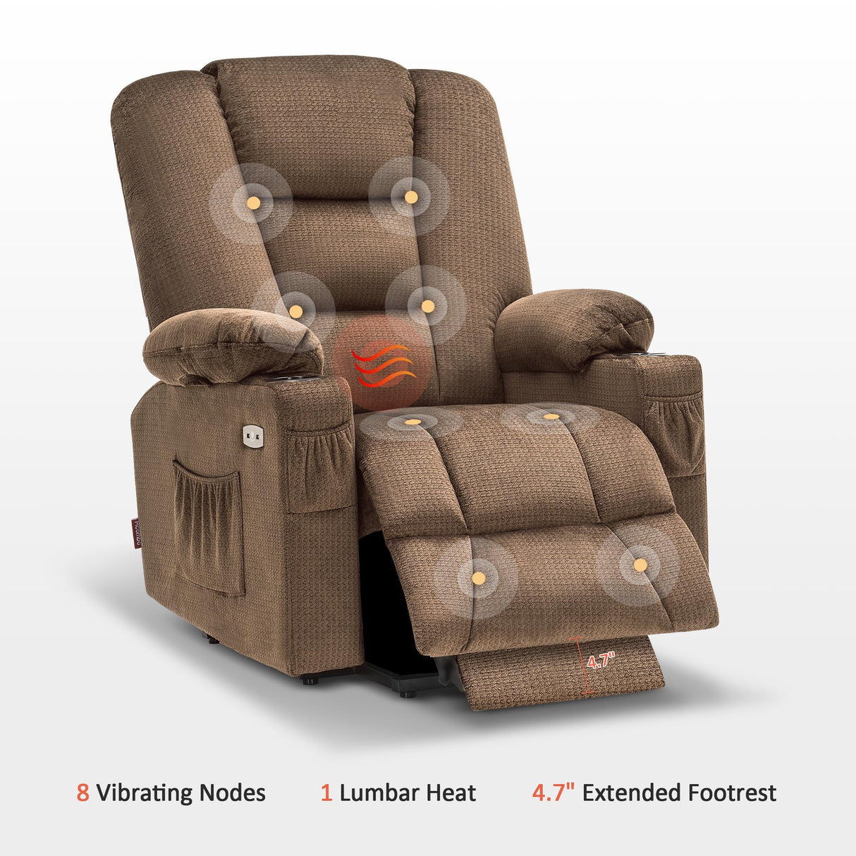 MCombo Large Power Lift Recliner Chair Sofa with Massage and Heat for Big and Tall Elderly People, 3 Positions, Cup Holders, and USB Ports, Fabric 7549 (Large, Brown) MCombo