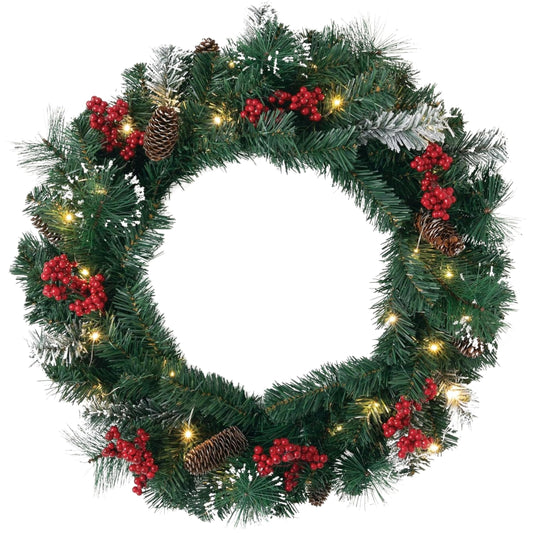 Sullivans Prelit 24" Christmas Wreath, Christmas Decor, Christmas Door Wreath with Lights, Lighted Pine Christmas Wreath, Flocked Tips Pine Red Berry Wreath with Lights, Battery Timer, Holiday Décor