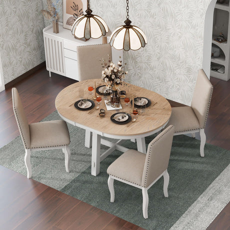 Harper & Bright Designs TREXM 5-Piece Farmhouse Dining Table Set Wood Round Extendable Dining Table and 4 Upholstered Dining Chairs (Oak Natural Wood Harper & Bright Designs