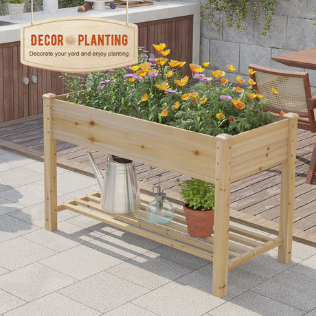 GHWIE Raised Garden Bed with Shelf,Elevated Wooden Planter Box with Legs,Garden Planter for Backyard, Patio, Balcony,200lb Capacity - Natural GHWIE