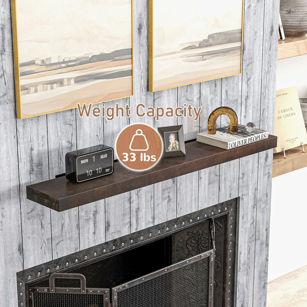 HOMCOM 48 Inch Fireplace Mantel, Floating Farmhouse Solid Fir Wood Shelf, Handmade Heavy Duty Wall Mounted Shelf, with Metal Bracket, Walnut Brown HOMCOM