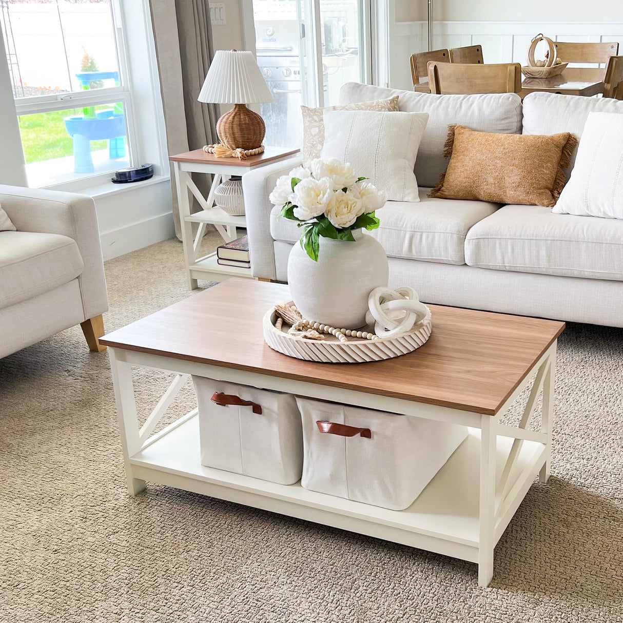 PHI VILLA Farmhouse Coffee Table for Living Room, White Coffee Tables with Storage Rustic Style Modern PHI VILLA