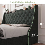 Feonase Queen Bed Frame with 4 Storage Drawers, Upholstered Storage Bed with Charging Station, Tufted Wingback Headboard, No Box Spring Needed, Dark Grey Feonase