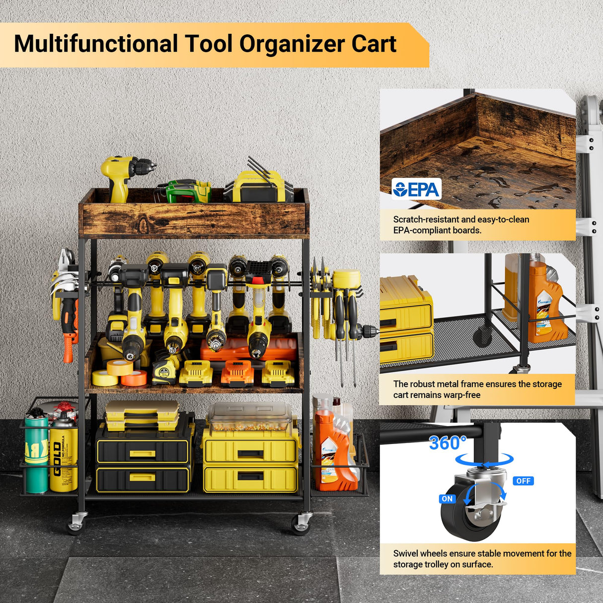 Dunatou Power Tool Organizer Cart Heavy Duty 4 Tier Rolling Tool Cart Garage Storage with Drill Rack Shelf Open Tool Chest Organizer with Wheels Workshop and Garage Ideas for Men or Dad Dunatou