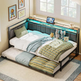 LIKIMIO Corner Twin Bed Frame with Trundle, Upholstered Storage Headboard & LED Lights, Twin Size Daybed with Charging Station, Sturdy Platform Metal Frame for Living Room, Bedroom, Guest Room, Gray LIKIMIO