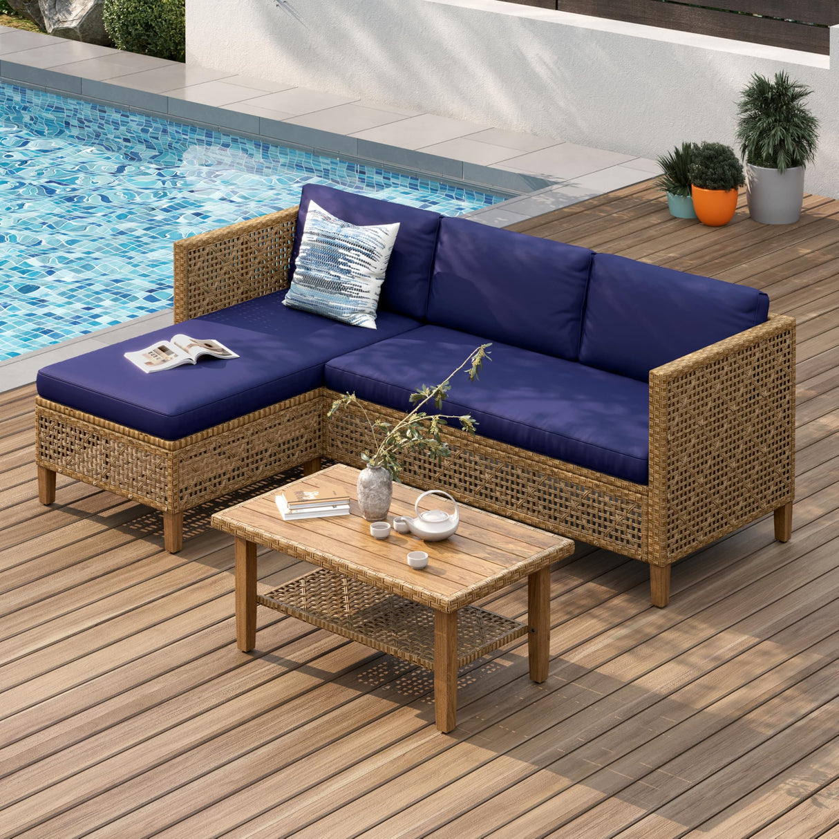 PHI VILLA Wicker Patio Furniture Set, Outdoor L-Shaped Sectional Sofa with Cushions and Acacia Wood Coffee Table, Boho Style for Garden, Deck, or Poolside Lounge，Navy Blue PHI VILLA