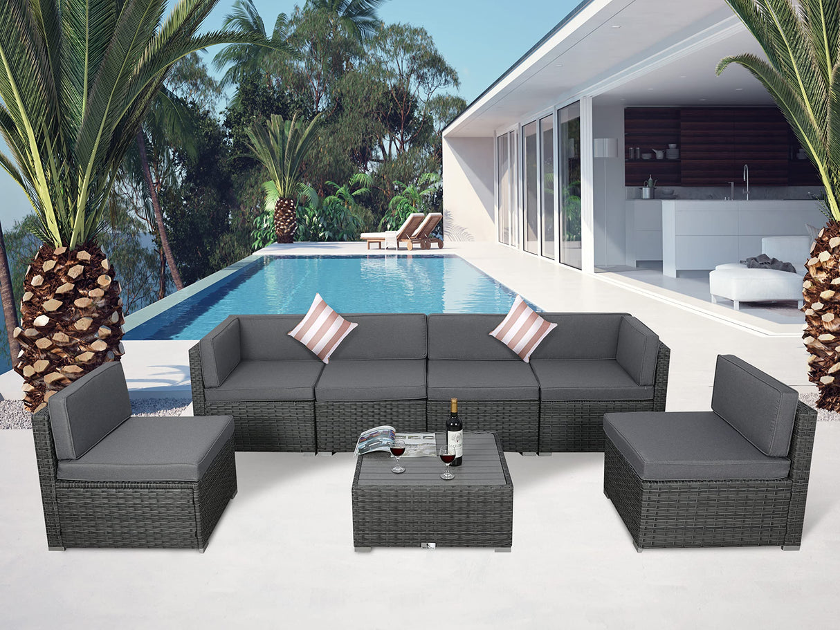 Welpatio Outdoor Patio Furniture Sets, 7 Pieces PE Rattan Wicker Outdoor Sectional Sofa Patio Conversation Set with Cushions and Coffee Table, Light Gray/Gray Welpatio