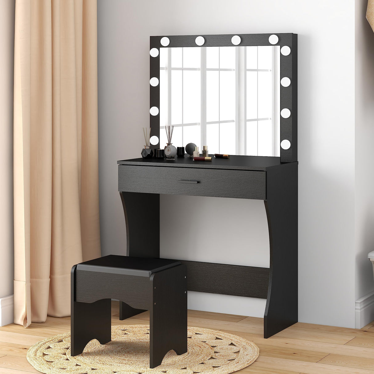 Vanity Desk with Mirror and Lights, Vanity Set Makeup Vanity Table with Adjustable Lights One Drawer Storage Makeup Table with Stool Vanity Desk for Bedroom (Black) Panana