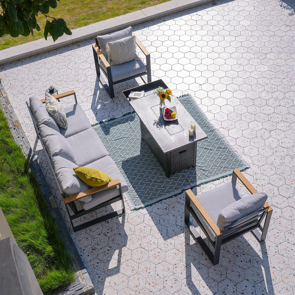 Sundale Outdoor Aluminum Patio Furniture Set w/Fire Pit, 4 Piece Modern Outdoor Furniture with 6 inch Cushion, Metal Patio Sectional Conversation Sets for Deck, Backyard, Porch (Grey) Sundale Outdoor