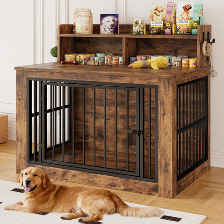 IRONCK Large Dog Crate Furniture, 43.3 inches Wooden Dog Crate with Storage and 4 Hooks, Heavy Duty Pet Crate for Large Dog, Decorative Pet Cage for Indoor (30" L x 43.3" W x 41.1" H) IRONCK