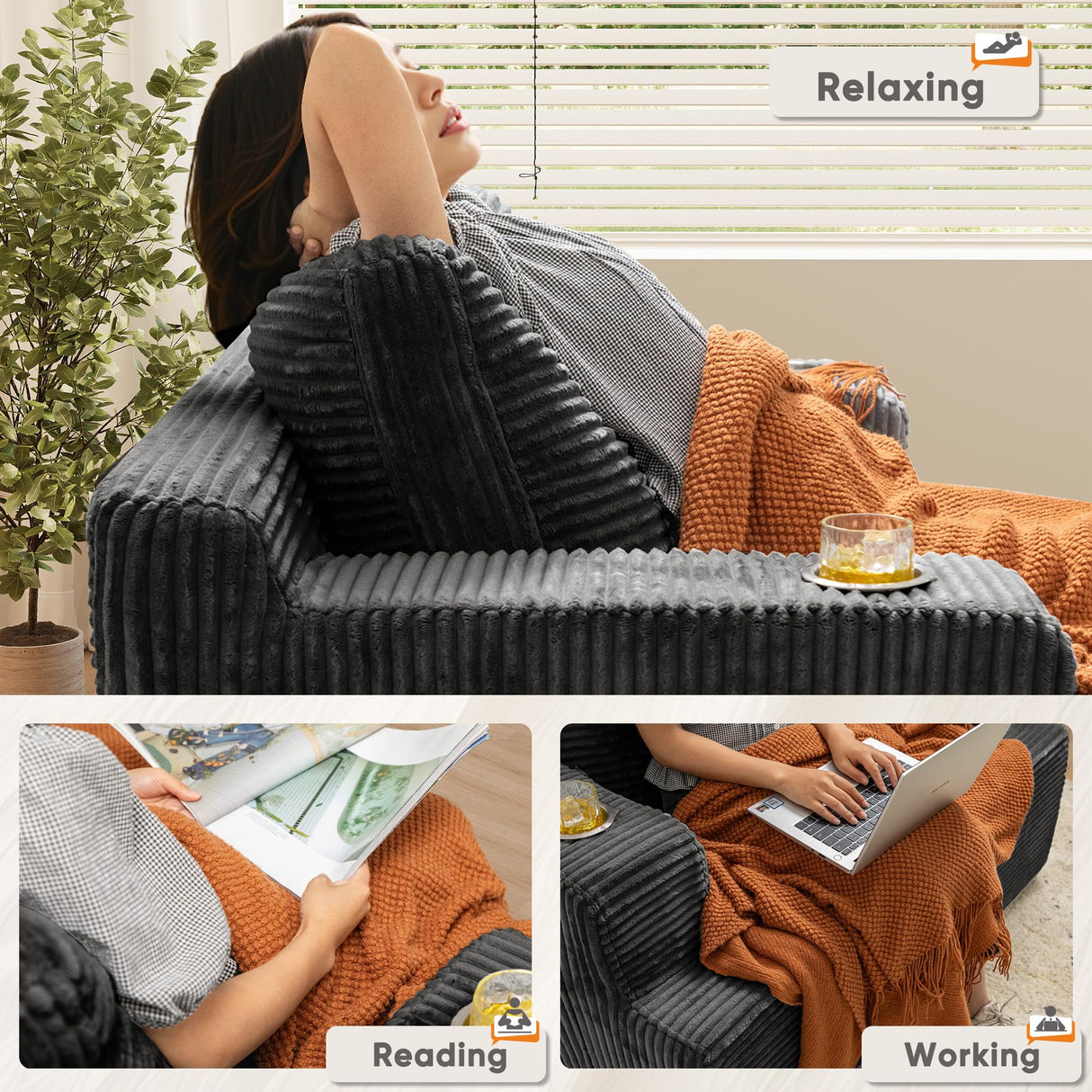 Homall Oversized Chaise Lounge Chair, Cloud Couch with Fluffy Upholstered, Deep Seat Sleeper Sofa Bed with Two Cup Holders, Comfy Boneless Couch No Assembly Required for Living Room, Apartment (Black) Homall