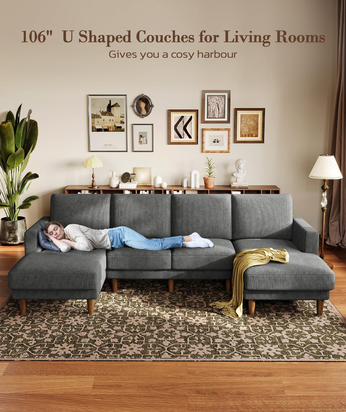 Kidirect Grey U Shaped Couch with Chaises, 106" Corduroy Sectional Couches for Living Room No Tool Assembly, 4 Seats Loveseat Sofa Comfy Sectional Sofas for Living Room Apartment Home 900lb Load Kidirect