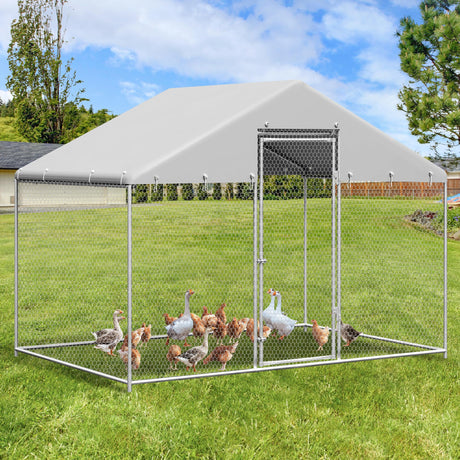 Large Metal Chicken Coop, Walk-in Chicken Run Pen with Waterproof Cover, Spire Roof Poultry Cage for Outdoor, Yard, Farm (6.4'Wx9.7'Lx6.4'H) Raysfung