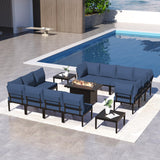 RTDTD 15 Piece Patio Furniture Set with 45" Propane Gas Fire Pit Table Metal Outdoor Patio Conversation Sectional Sofa Set with Coffee Table for Patio, Backyard, Deck(Navy) RTDTD