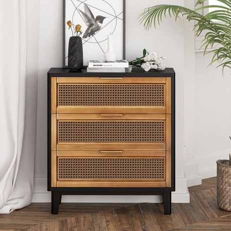 COZAYH Farmhouse 3-Drawer Nightstand, Set of 2 Woven Cane Front Accent Dresser with Brass Pull, Fully-Assembled, Black COZAYH