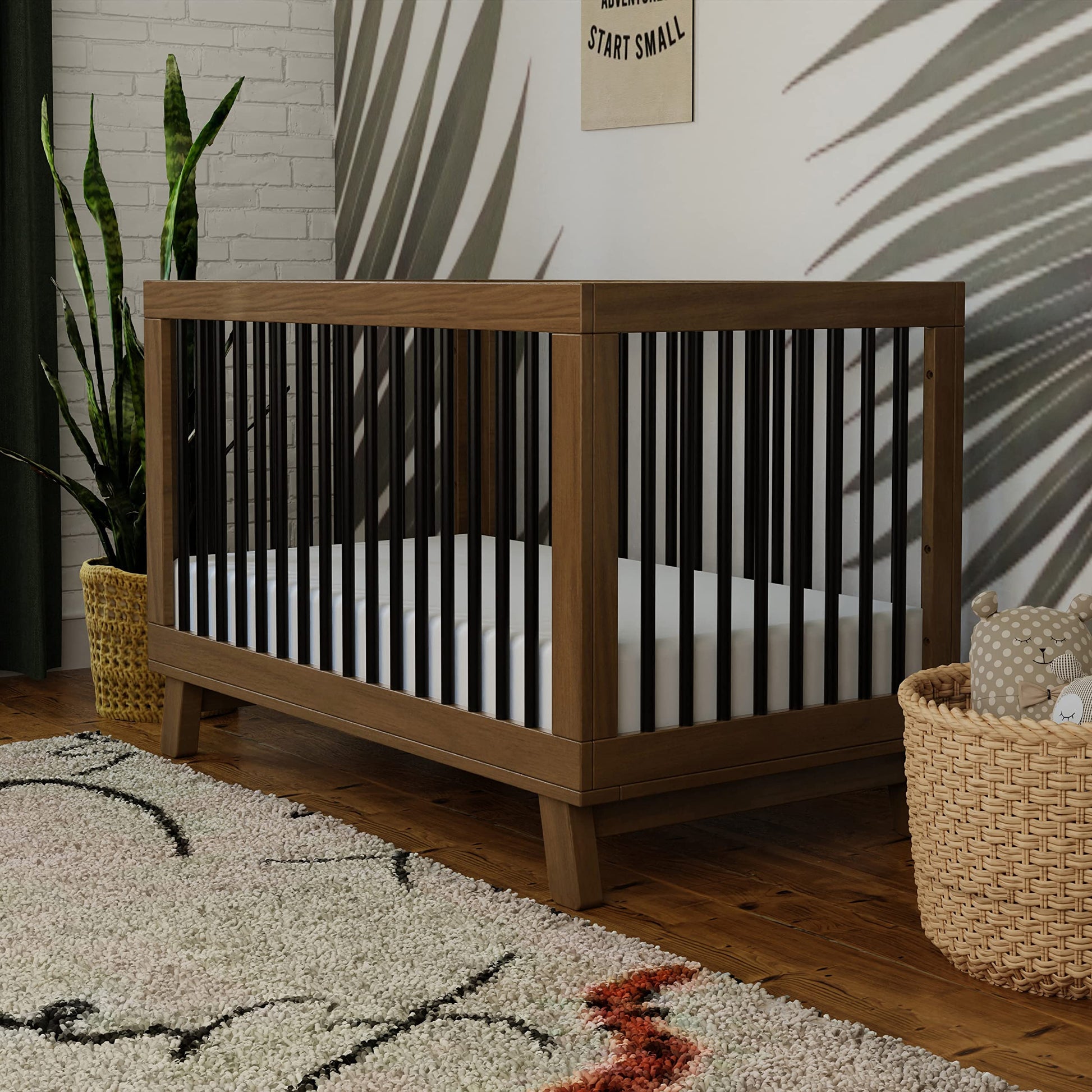 Babyletto Hudson 3-in-1 Convertible Crib with Toddler Bed Conversion Kit in Natural Walnut/Black, Greenguard Gold Certified - WoodArtSupply