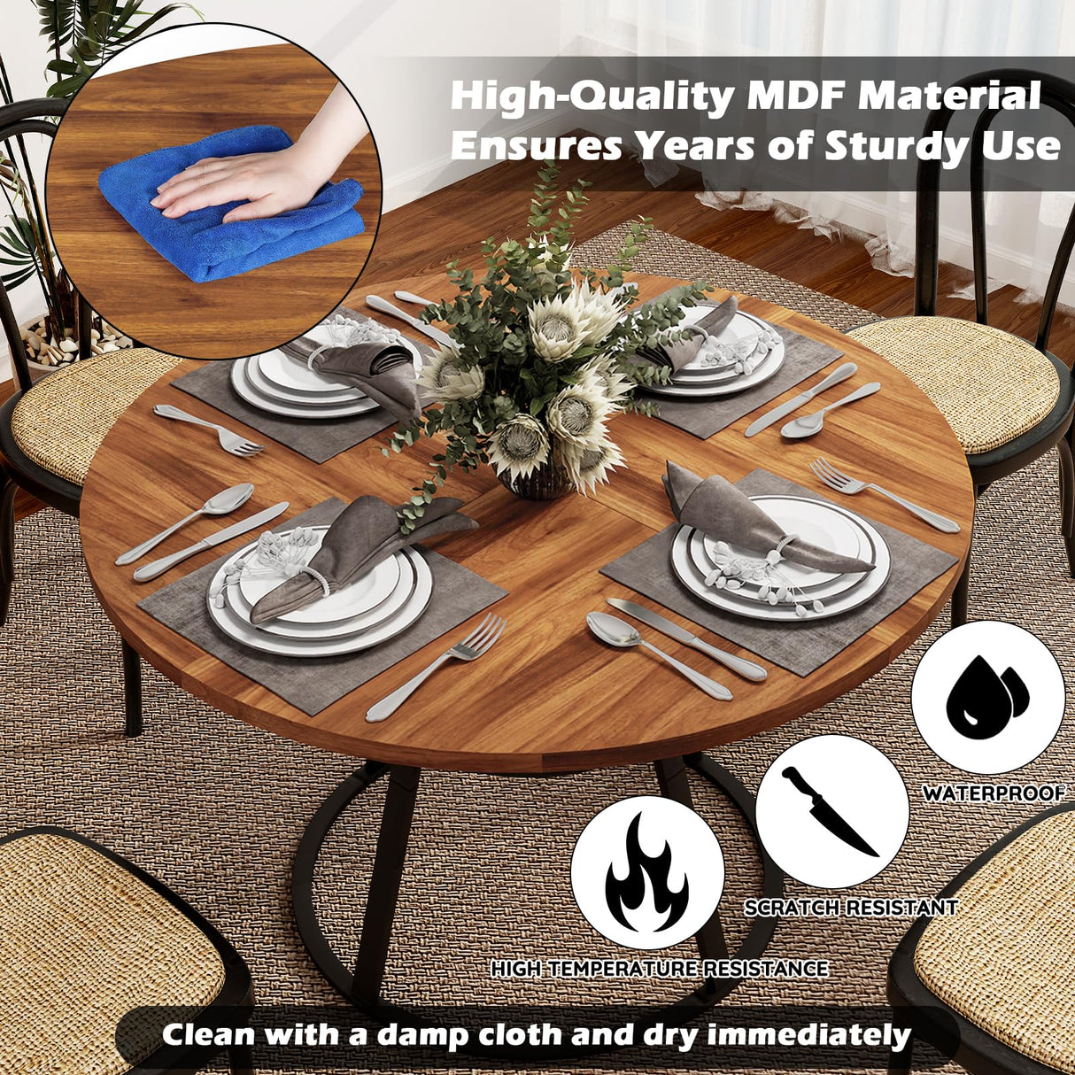 STHOUYN 47” Round Dining Table Set for 4, Small Round Kitchen Table with 4 Boucle Dinner Chairs, Modern Circle 5 Piece Dining Table with Steel Legs (Black) STHOUYN