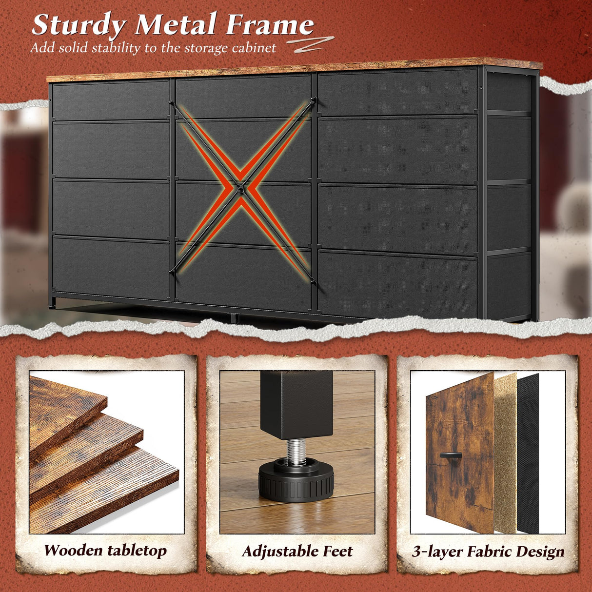 Romorgniz 55" Dresser for Bedroom with 12 Fabric Drawers, Entertainment Center for 60 inch TV Dressers & Chests of Drawers Large Organizer, Living Room, Metal Frame, Wood Top, Rustic Brown Romorgniz