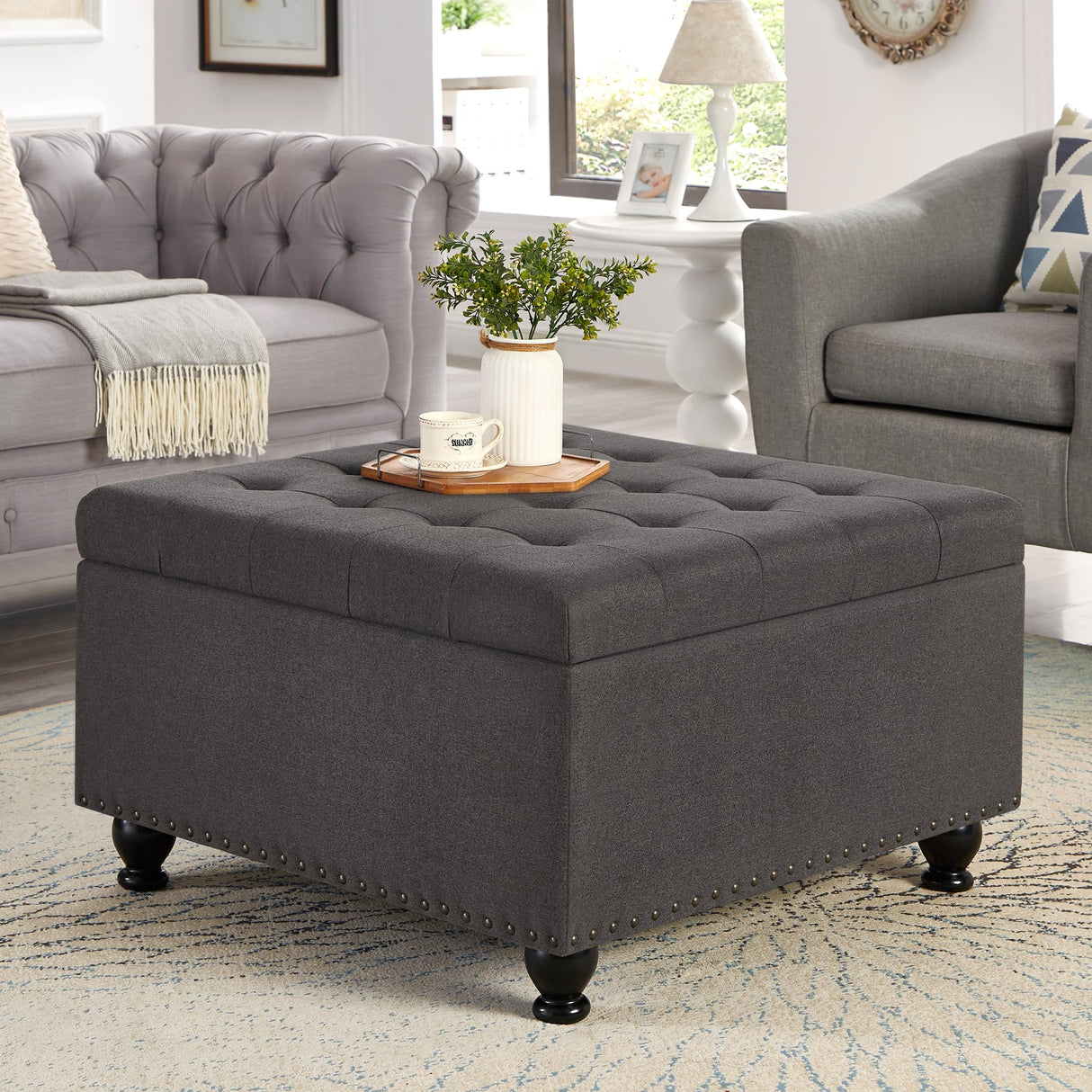 GOAWGO Large Square Storage Ottoman Upholstered Button Tufted Coffee Table with Rubber Wood Legs, Linen Fabric Foot Stool Oversized Ottoman Foot Rest for Sofa Couch Living Room Bedroom, Dark Grey GOAWGO