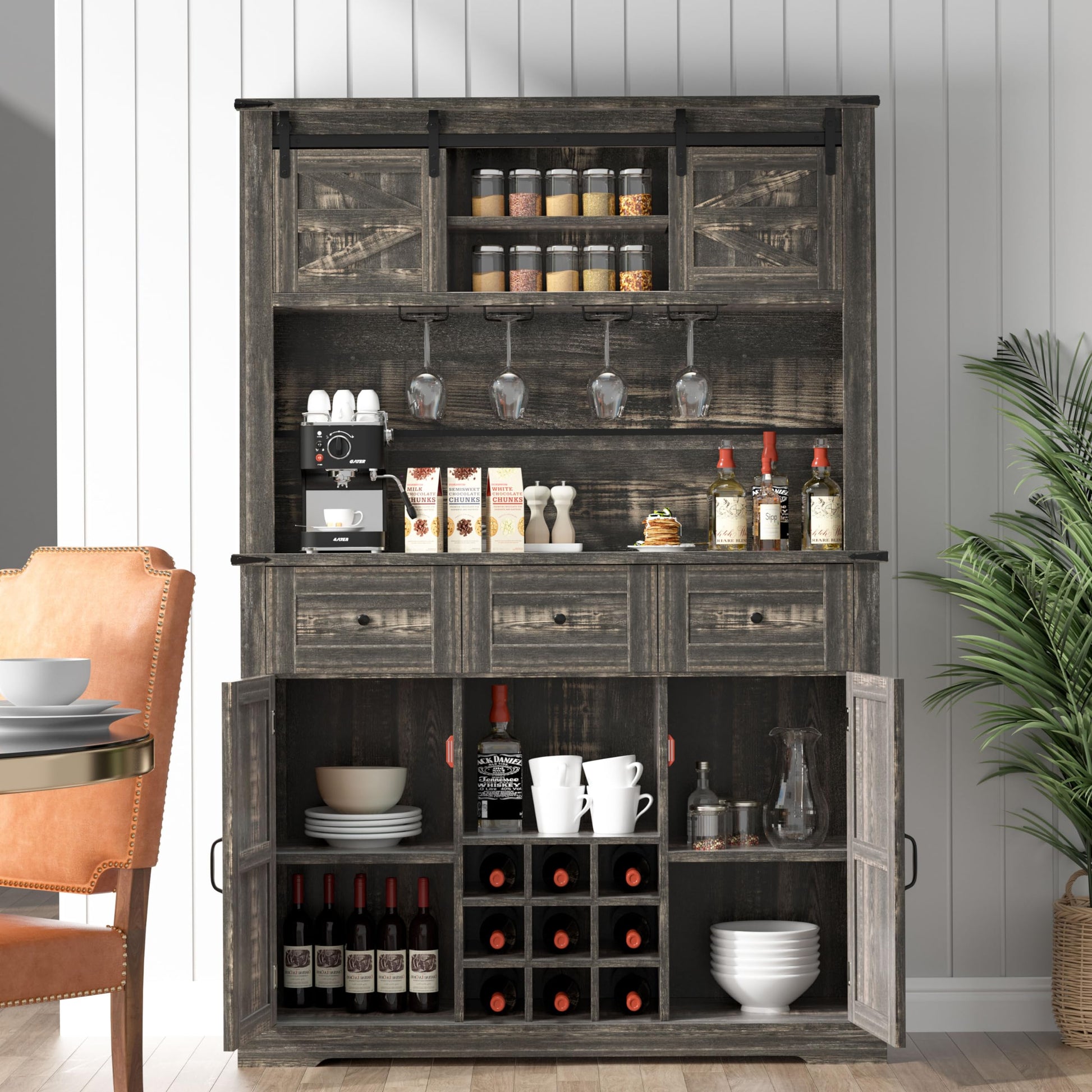 Farmhouse Coffee Bar Cabinet,72" Kitchen Hutch with Storage, Buffet Sideboard Cupboard with Adjustable Shelves, Sliding Barn Door, Wine & Glasses Rack for Kitchen, Dining Room, Dark Rustic Oa - WoodArtSupply