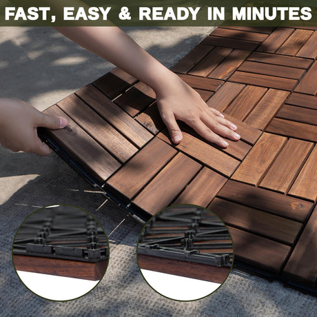 VICTORY RELAX Acacia Wood Flooring Interlocking Deck Tiles for Patio Decor 9 Pcs 12 Slats VR Brown - Waterproof Indoor & Outdoor Decor - Balcony Garden Decking Tile (12.2 * 12.2 * 0.7 inches) VICTORY RELAX