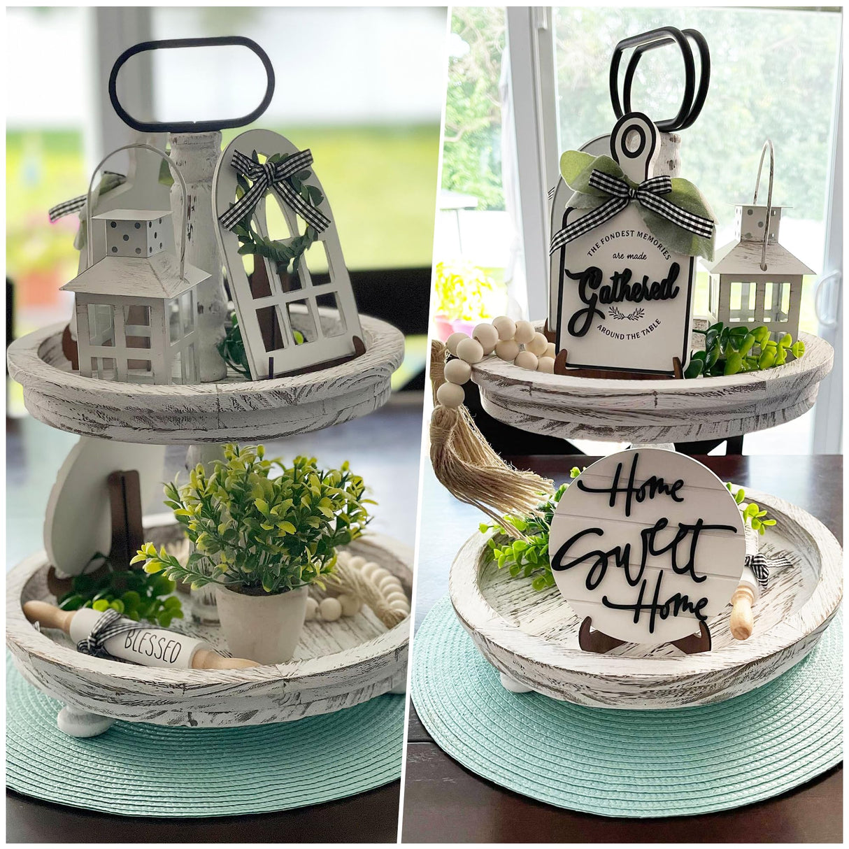 Houmury Set of 16 Farmhouse Tiered Tray Decor with 1 Lantern Artificial Plant& Cutting Board Sign for Rustic Home Kitchen Decor Tier Tray Decor Set (Tiered Tray Not Included) Houmury