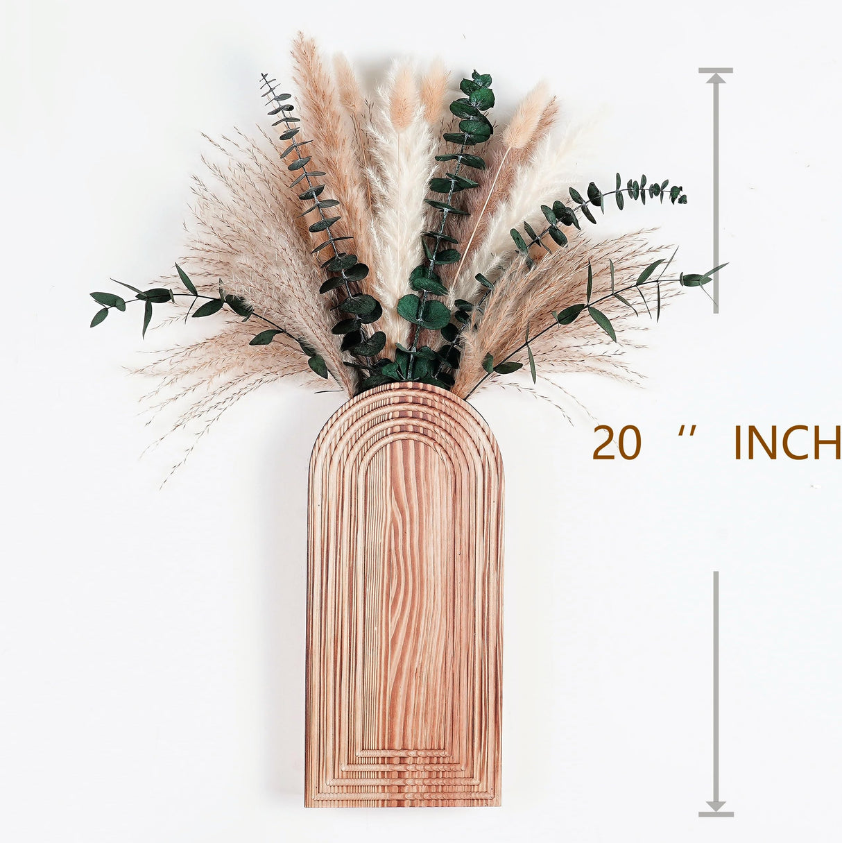 Set of 2 Wooden Vases with Pampas Grass and Eucalyptus – Boho Decor for Living Room, Modern Farmhouse Entryway or Bathroom, Rustic Art for Home Decoration QQBABO