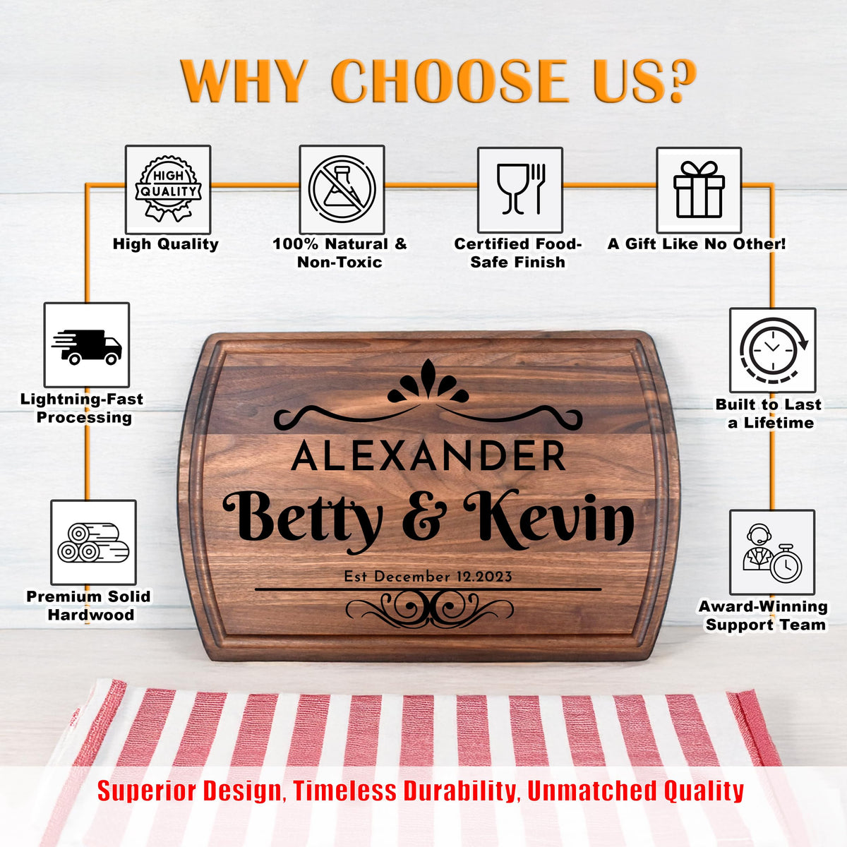 Personalized Cutting Board - Custom Engraved Charcuterie Boards - Gift For Wedding, Bridal Shower, Engagement, Anniversary, Mother's Day, Father's Day - Best Gift Idea For Couples - Hand Made in USA FastNGift