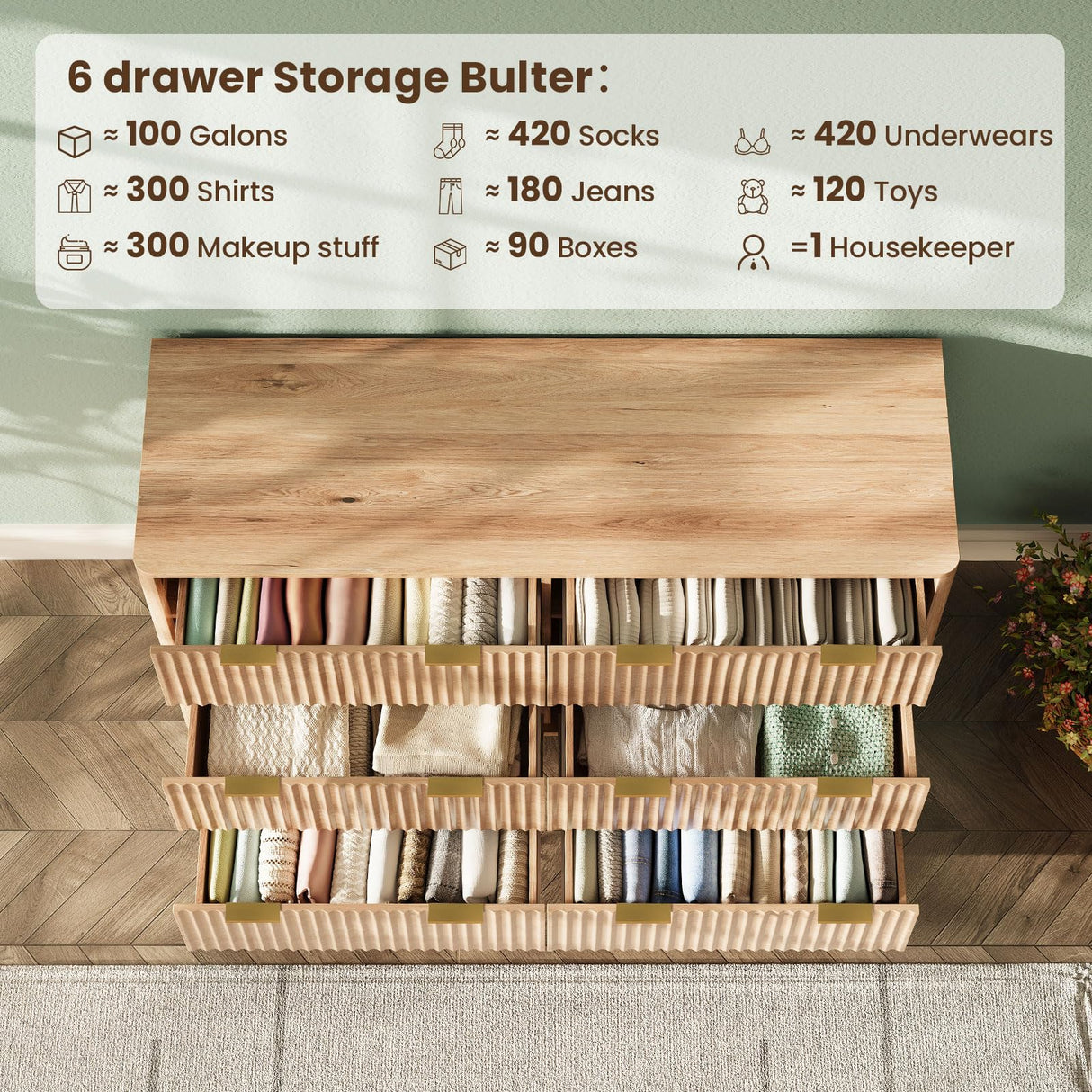 TROJM 47'' Wide 6 Drawers Dresser for Bedroom,Modern Fluted Vertical Chest with Rounded Corners,Fluted Dresser for Living Room,Hallway, Natural Wood TROJM
