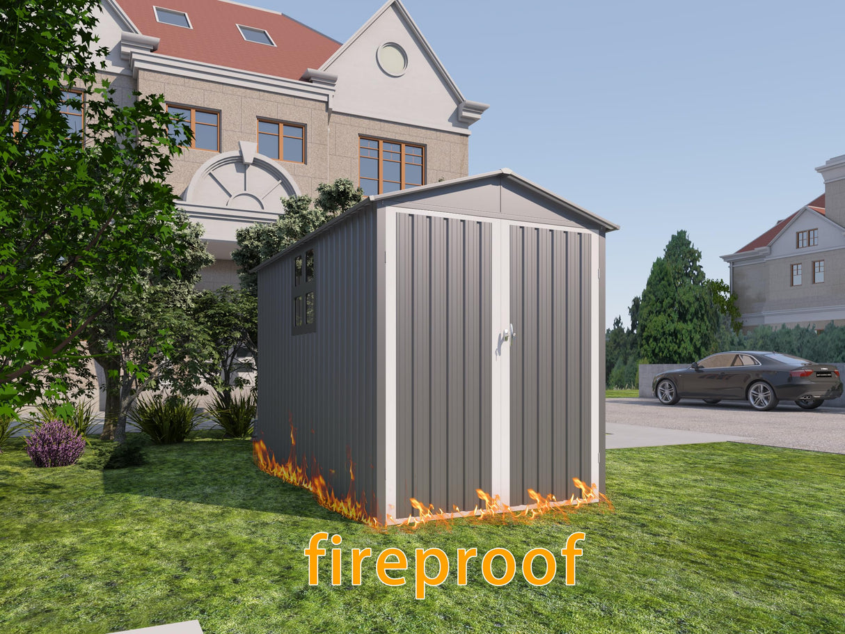 6x10 FT Outdoor Storage Shed, Metal Motorcycle Shed with Track & Fixing Device, Storage Building with Window & Lockable Hinged Doors, Waterproof Outside Garage Sheds for Garden, Backyard, Gray+White BNSPLY