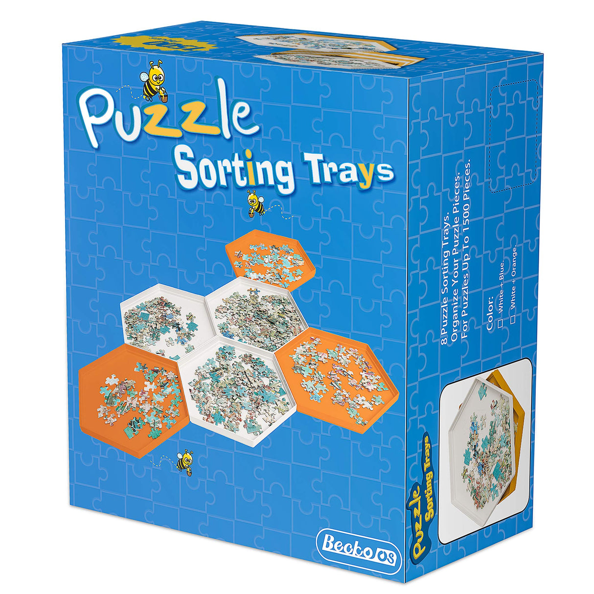 Becko US Stackable Puzzle Sorting Trays Jigsaw Puzzle Sorters with Lid Puzzle Accessory for Puzzles Up to 1500 Pieces, 8 Hexagonal Trays in White & Blue Becko US