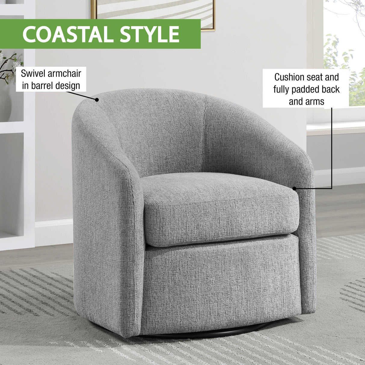 OSP Home Furnishings Bella Coastal Upholstered Barrel Swivel Chair, Dove Grey OSP Home Furnishings