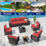 ASJMR 9 Pieces Patio Furniture Set with 2 Swivel Chairs Patio Furniture Outdoor Sectional Sofas Outdoor Patio Conversation Set - Red ASJMR