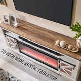 OKD Fireplace TV Stand for 85" TV, 33" Tall Highboy Farmhouse Entertainment Center w/ 42'' Electric Fireplace & LED Light, Rustic Media Console w/Sliding Barn Door for Living Room, Antique White OKD
